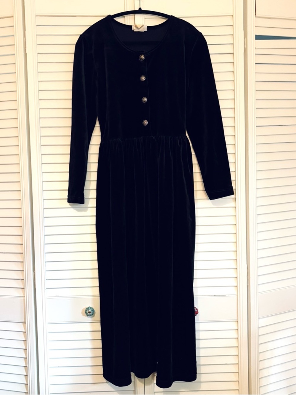 Vintage 90s Avon Black Velvet Tea Length Long Sleeve Dress Small S